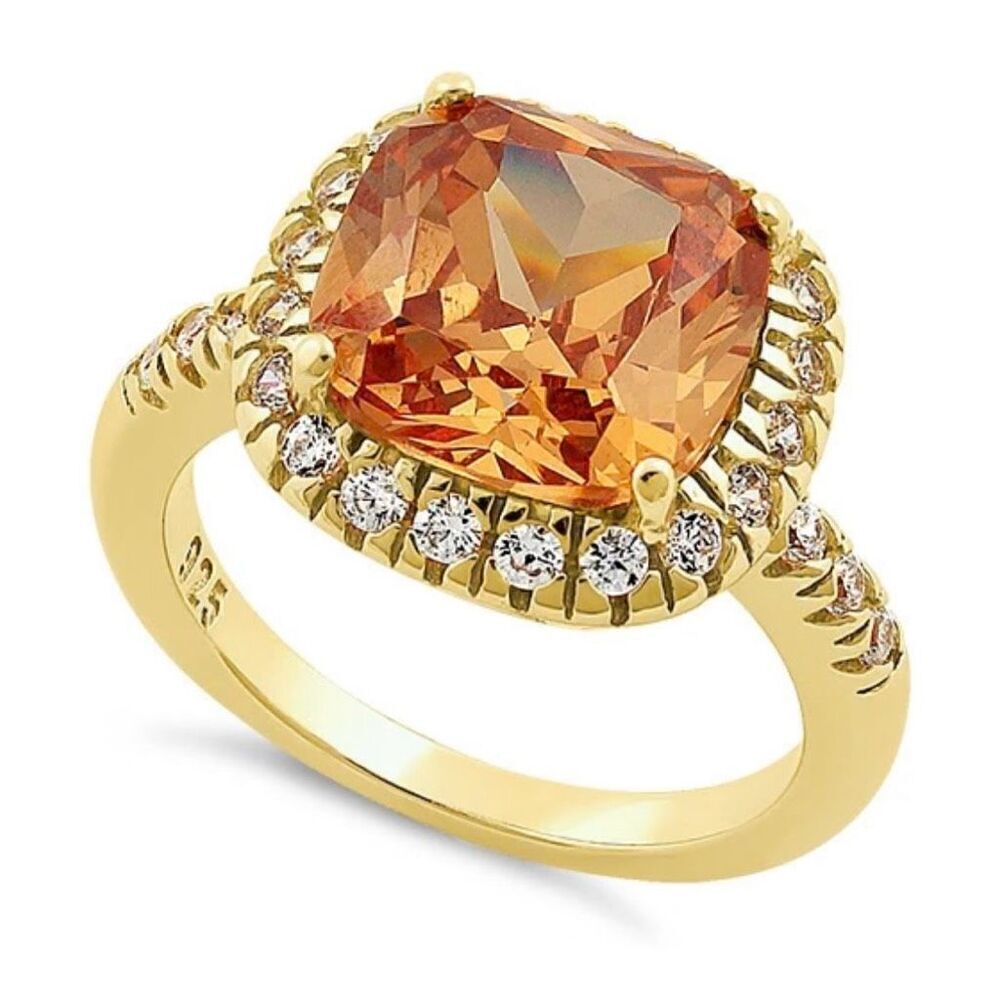 New Two Tone Gold Vermeil Halo Cushion Cut Champagne CZ Statement Ring